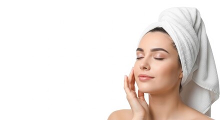 Young woman with a towel on her head, enjoying a skincare routine, bright background highlighting her serene expression