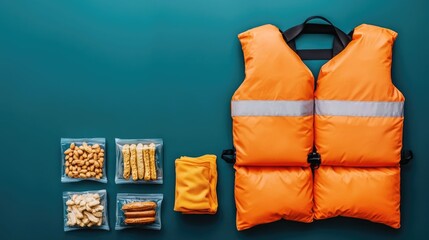 Boating Day Essentials A colorful array of life jackets snacks and other boating gear neatly arranged on a wooden dock ready for a day of water based recreation and adventure