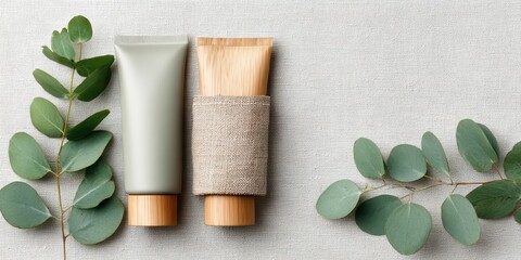 Cosmetic bottles with eucalyptus flowers towels and linen on pastel background top view flat lay natural organic skincare and spa concept perfect for beauty product branding body care wellness design