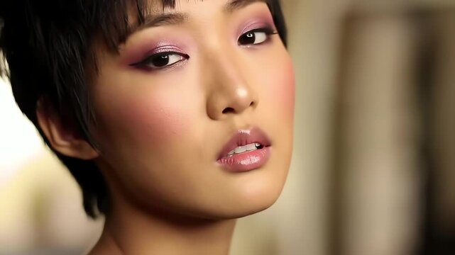 Close up beauty portrait of a gorgeous Asian woman with a modern pixie haircut and vibrant pink makeup