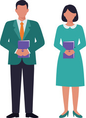 Fototapeta premium Businessman and businesswoman standing with books in formal attire professional office characters vector illustration