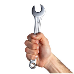 Hand holding a wrench isolated on a transparent background, in a PNG format