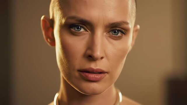 Cinematic close up portrait of a beautiful bald woman with striking blue eyes looking intensely at the camera