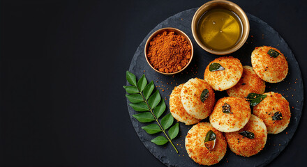 Traditional South Indian Mini Podi Idli fry, a popular breakfast dish served with ghee and podi masala on a slate plate