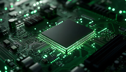 Fototapeta premium Ultra-detailed close-up chip on a sleek motherboard, glowing green circuits, futuristic design, soft ambient light, shallow depth of field, cinematic tech style