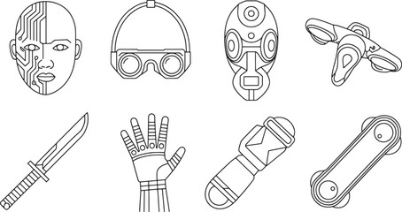 Obraz premium Futuristic Cyberpunk Technology Icons Set Outline Style Artificial Intelligence and Robotics Elements Isolated on Transparent