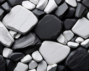 Sweet, colorful candy hearts scattered on a black and white pebbles background