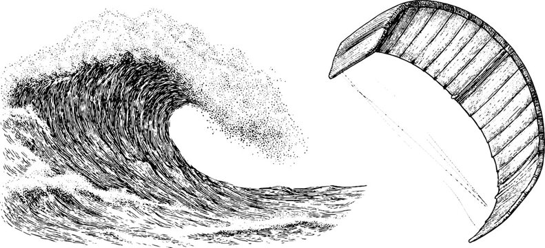 Engraved kitesurfing and kite design illustration featuring ocean wave detail