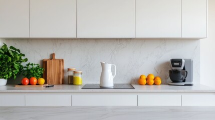 Modern minimalist kitchen with fresh fruits vegetables and appliances like blender and juicer adjacent to a home workout area with sports equipment showcasing a healthy