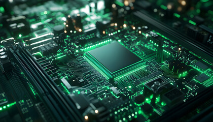 Fototapeta premium Ultra-detailed close-up chip on a sleek motherboard, glowing green circuits, futuristic design, soft ambient light, shallow depth of field, cinematic tech style