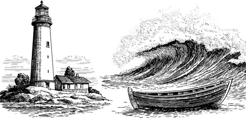 Fototapeta premium Engraved vintage nautical scene with lighthouse and boat for coastal themed design