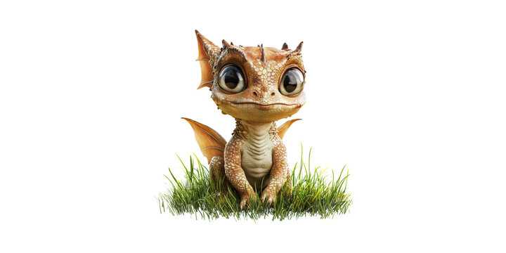 Cute Baby Dragon Sitting Grass. Fantasy Creature With Big Eyes And Scales Isolated On Transparent Background