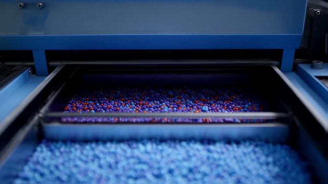 Colorful plastic polymer granules are being sorted by an advanced industrial machine, showcasing modern manufacturing processes and innovation in the plastics industry
