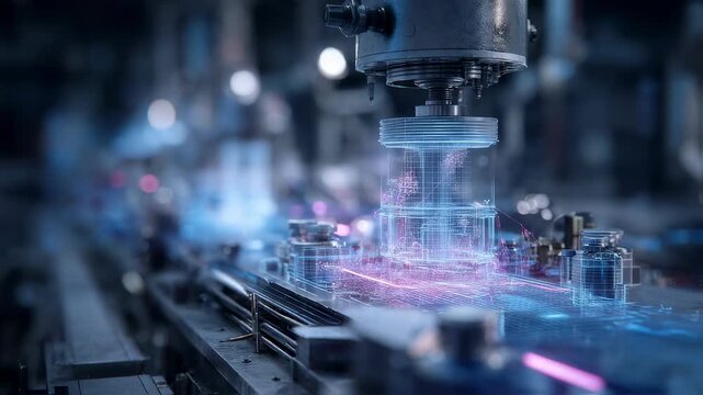 Futuristic robotic arm constructing holographic components using augmented reality, representing innovative technology in a modern smart factory setting