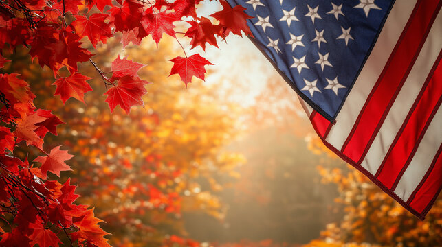 Diagonal American Flag Against Autumn Woodland with Warm Lighting and Fall Colors ideal for New Year's Day, Presidents' Day, Memorial Day, Juneteenth, Independence Day, Labor Day, Columbus Day