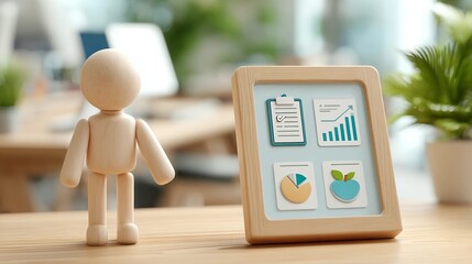 Wooden mannequin figure with a framed display of business icons, representing business planning and data analysis, strategic decision-making, performance tracking, and wellness integration.