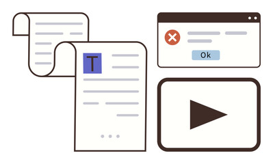 Scrolling documents, error message pop-up, and play button symbolize tasks thumbs up file management, troubleshooting, and media access. Ideal for productivity, learning, communication, apps