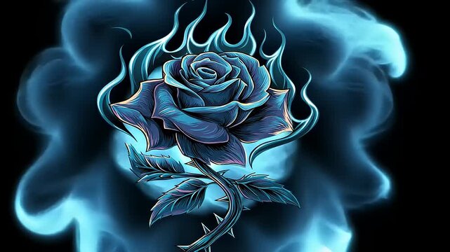 Detailed illustration of a vibrant blue rose with flames. - Powered by Adobe