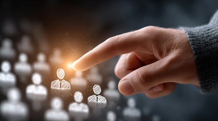 A hand pointing at illuminated human icons, human resource selection, talent acquisition and management, building strong teams, and strategic business growth.