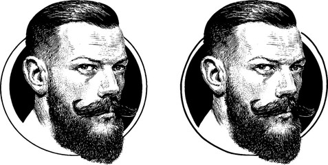 Vintage male portrait engraving set featuring bearded man with moustache