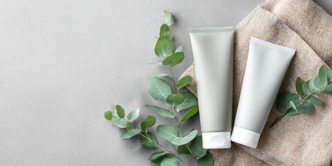 Cosmetic bottles with eucalyptus flowers towels and linen on pastel background top view flat lay natural organic skincare and spa concept perfect for beauty product branding body care wellness design