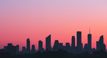 Cityscape silhouette against a vibrant pink and purple gradient sunset sky