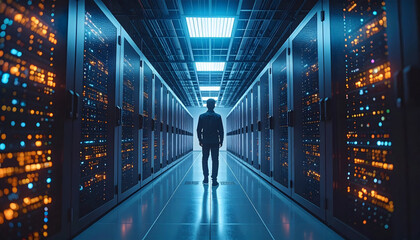Person Walking Through a Futuristic Server Room with Blue Lighting