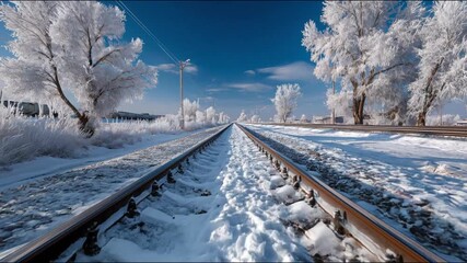 A straight railway on a frosty day, snow on the rails and icy trees create an atmosphere of winter silence. - Powered by Adobe