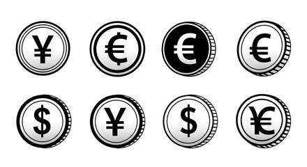 Currency Diversity Illustration of Coins Featuring Dollar, Euro, and Yen Symbols.