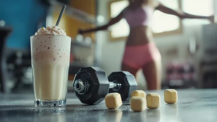 Working out with a smoothie and weights for fitness goals