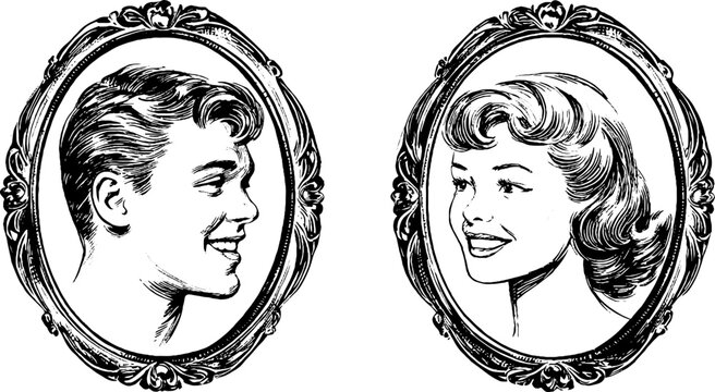 Vintage portrait engraving set with ornate frames for artistic designs