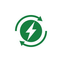 Green energy symbol with arrows and lightning bolt inside circle