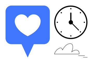 Blue speech bubble with white heart, minimalist clock face, and outline-style cloud. Ideal for communication, time management, scheduling, relationships, networking, connection modern technology