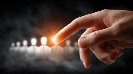 Hand pointing to a glowing silhouette in a group, symbolizing talent selection, identifying the best candidate, choosing the right person, and recognizing potential.