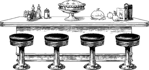 Vintage diner counter scene with classic bar stools and nostalgic decor elements
