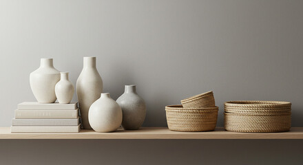 Neutral toned ceramic vases and woven baskets arranged on a wooden shelf
