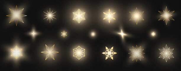 Isolated Golden Shining Snowflakes, Sparkles and Stars on black background. Set of Sparkling Snowflake and Stars. Elegant Christmas design. Vector illustration