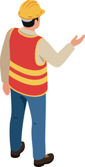 Construction worker wearing safety helmet and reflective vest standing with raised hand vector illustration