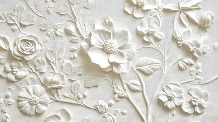 Embossed floral wallpaper pattern close-up, ornate decorative texture with vintage botanical theme in soft white tone