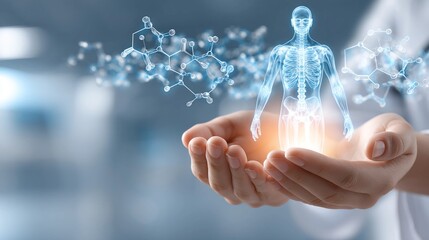 Hands holding glowing human anatomy hologram, medical science and biotechnology, human health and wellness innovation, advanced diagnostics, and future healthcare technology.