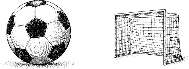 Vintage engraved soccer ball and goalpost illustration for sports design projects
