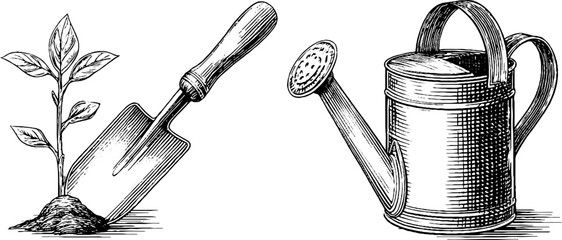 Vintage gardening tools and seedling illustration for plant care design