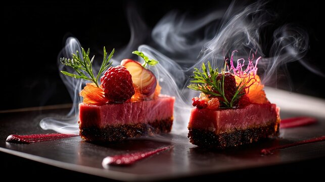 Artistic food plating process by experienced chef under dramatic lighting 