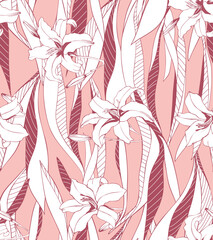 Hand-drawn seamless lily floral pattern in soft pink and maroon tones, ideal for fabric prints, textiles, wallpapers, and home decor. Perfect for feminine fashion and botanical design collections.