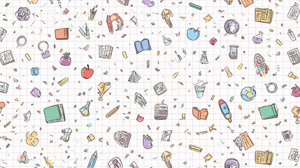 Hand-drawn School Doodles on Grid Paper Background with Blank Space in Center
