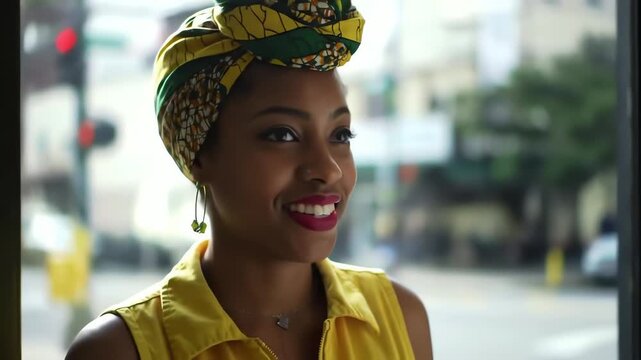 Close up portrait of a beautiful African woman wearing a colorful traditional headwrap smiling happily