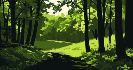 Obraz premium The view of the taiga is depicted with coniferous forest featuring firs and pines, set against a landscape of trees and grass in a silhouette picture isolated on a white background in modern form
