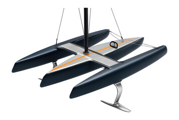 Sporty catamaran with vibrant accents and streamlined hydrofoil supports