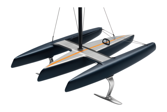 Sporty catamaran with vibrant accents and streamlined hydrofoil supports