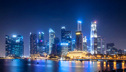 Obraz premium Night City Skyline with Illuminated Skyscrapers and Reflections